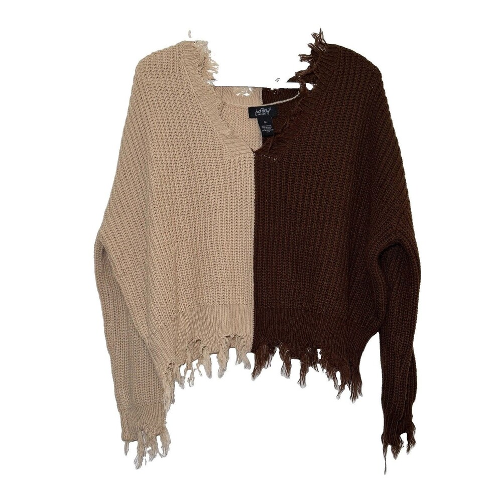 Just Polly NY Colorblock Distressed Sweater Medium Brown Beige Oversized Dolman